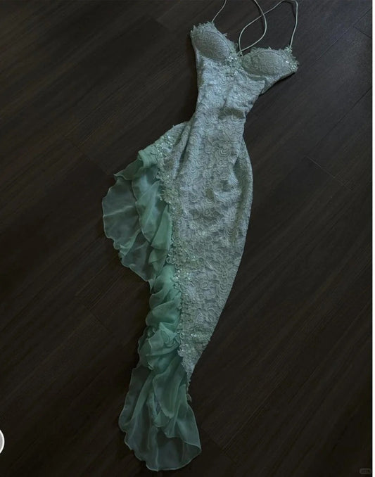 Fairytale Mint Green Spaghetti Straps Bodycon Chiffon Prom Dresses Lace Applique Sweet Party Dresses