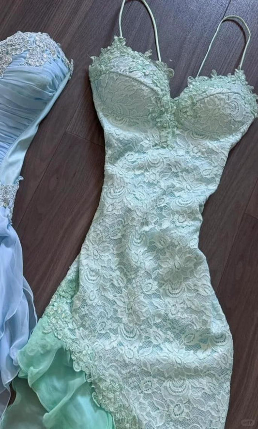 Fairytale Mint Green Spaghetti Straps Bodycon Chiffon Prom Dresses Lace Applique Sweet Party Dresses