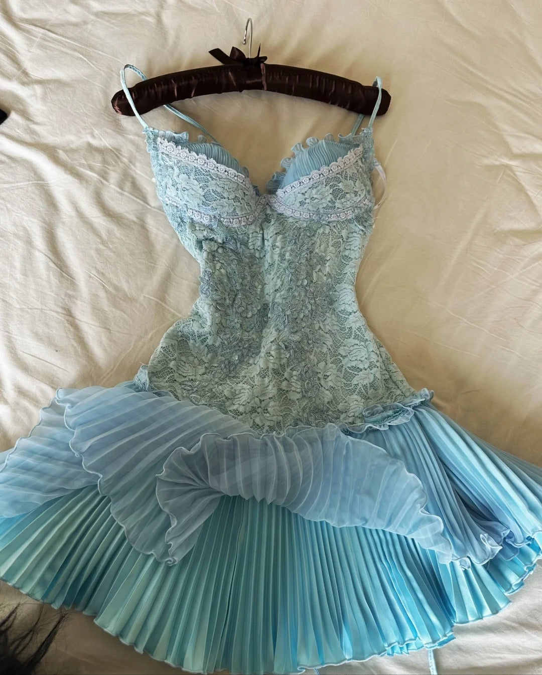 Süßes Tiffany Blau Spaghettiträger Chiffon Partykleider Spitze Applique Kurze Ballkleider Homecoming Kleid ED02028
