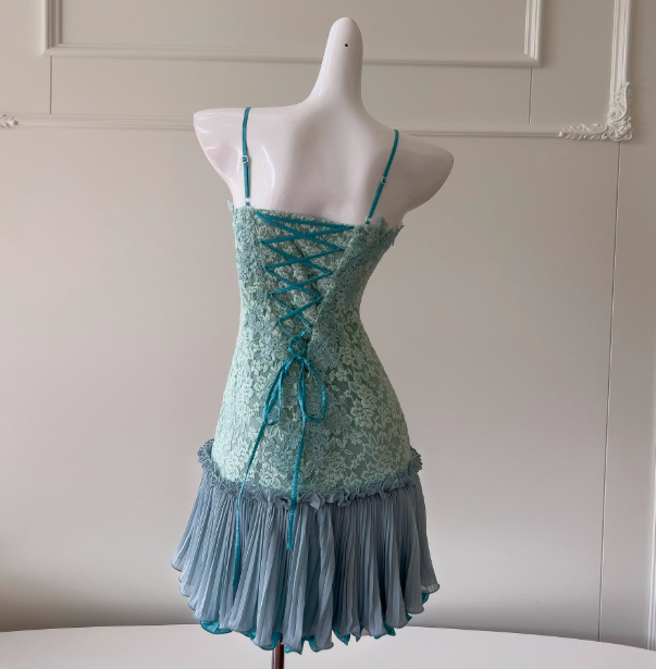 Süßes Tiffany Blau Spaghettiträger Chiffon Partykleider Spitze Applique Kurze Ballkleider Homecoming Kleid ED02028
