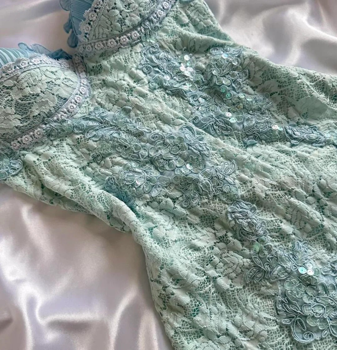 Süßes Tiffany Blau Spaghettiträger Chiffon Partykleider Spitze Applique Kurze Ballkleider Homecoming Kleid ED02028