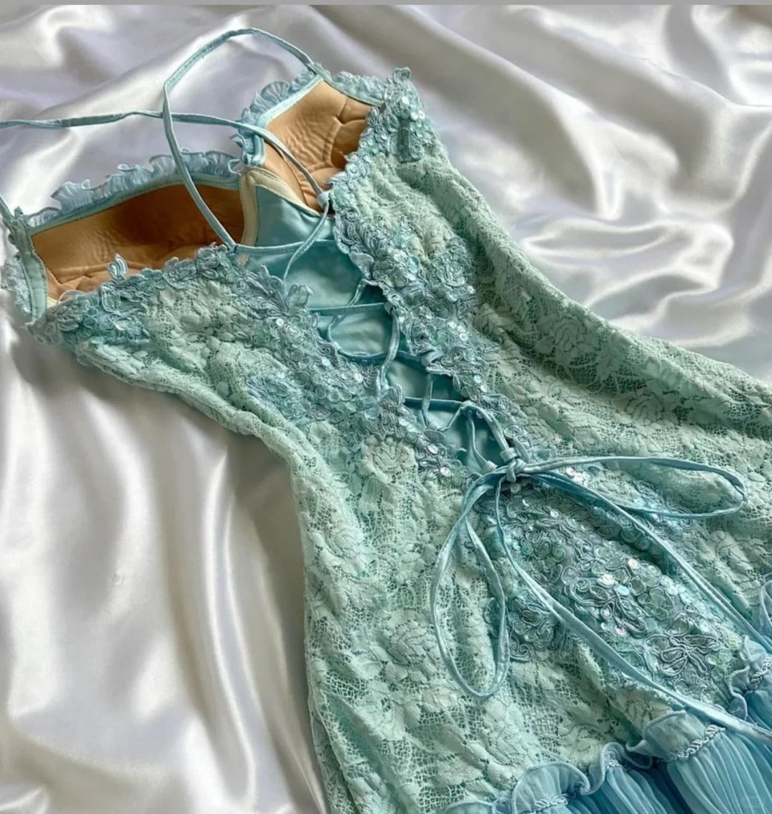 Süßes Tiffany Blau Spaghettiträger Chiffon Partykleider Spitze Applique Kurze Ballkleider Homecoming Kleid ED02028