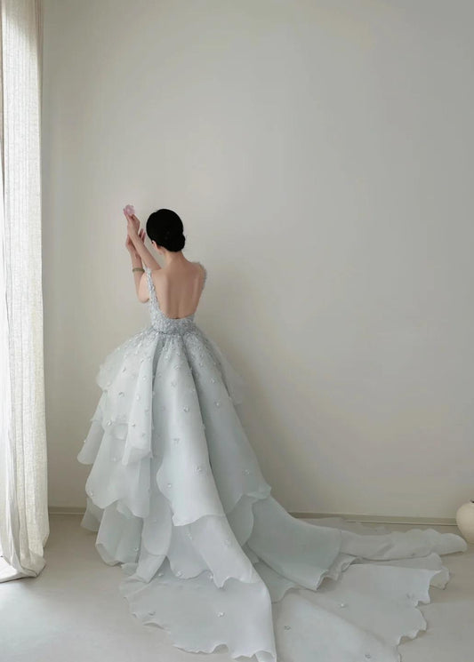 Robe de mariée trapèze en mousseline de soie à bretelles spaghetti et traîne superposée, style conte de fées, dos nu, ED02031