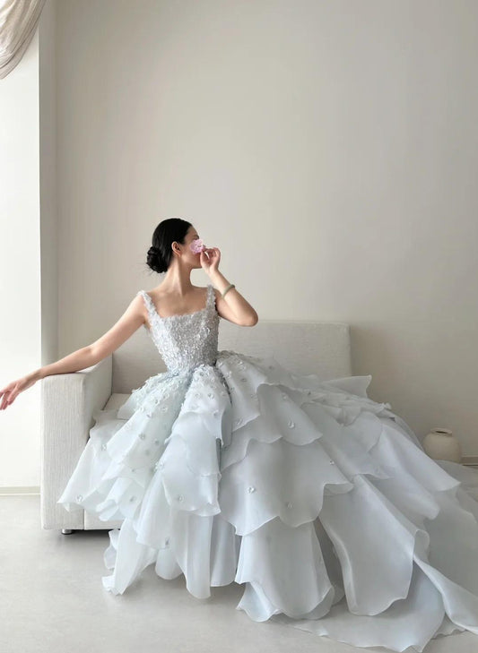 Robe de mariée trapèze en mousseline de soie à bretelles spaghetti et traîne superposée, style conte de fées, dos nu, ED02031