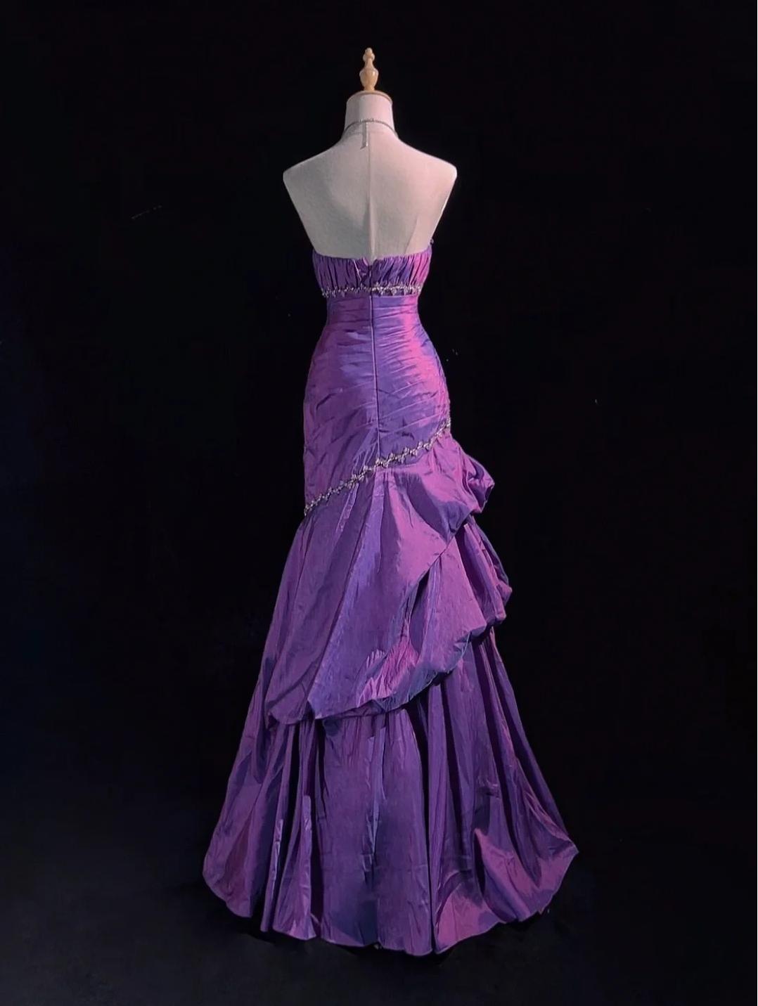 Glam Purple Strapless Mermaid Taffeta Long Prom Dresses Elegant Formal Evening Dresses with Beading
