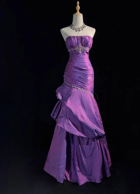 Glam Purple Strapless Mermaid Taffeta Long Prom Dresses Elegant Formal Evening Dresses with Beading