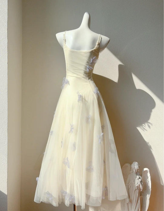 Robe de soirée en tulle à bretelles spaghetti et col carré, couleur crème, style conte de fées, coupe trapèze, jolie robe de soirée, ED02034