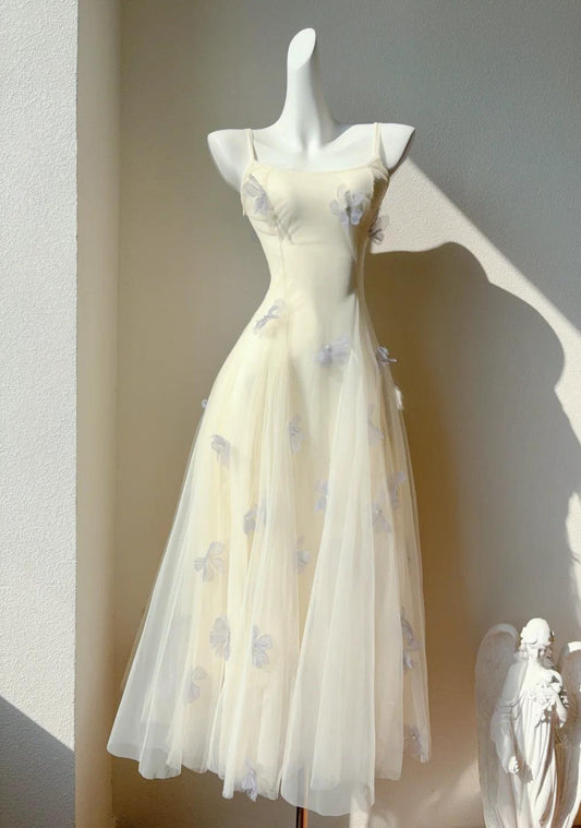 Robe de soirée en tulle à bretelles spaghetti et col carré, couleur crème, style conte de fées, coupe trapèze, jolie robe de soirée, ED02034