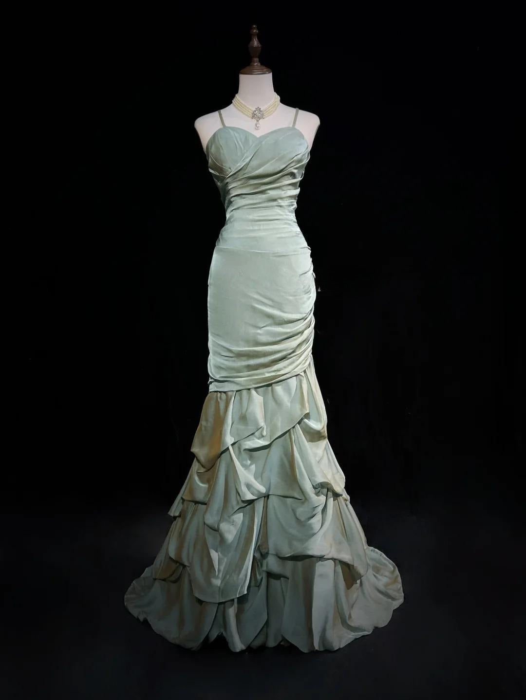 Forest Green Spaghetti Straps Mermaid Satin Long Prom Dresses Sweet 16 Formal Evening Dresses