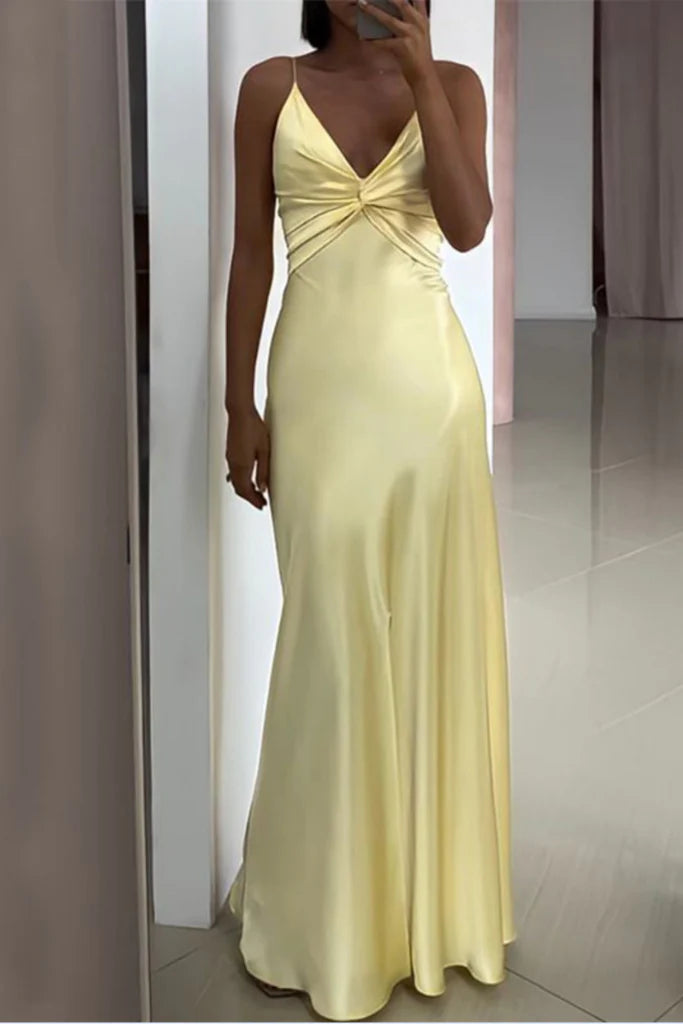 Sexy Yellow Backless Satin Sheath Spaghetti Strap V-Neck Party Dress Prom Dress ED02045