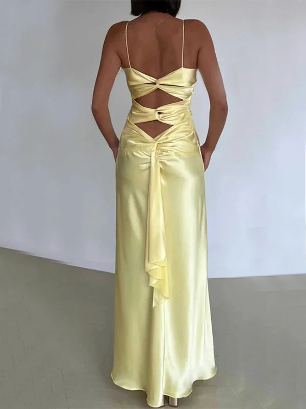 Sexy Yellow Backless Satin Sheath Spaghetti Strap V-Neck Party Dress Prom Dress ED02045