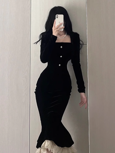 French retro velvet square neck slim fishtail skirt ED0204