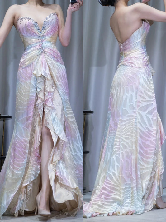 Vintage Bunte V-ausschnitt Chiffon Lange Ballkleider Glänzende Perlen Rückenfreie Abendkleider mit Schlick ED02050
