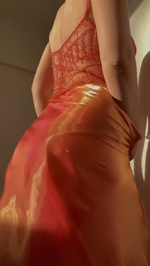 Superbe robe de soirée orange à bretelles spaghetti et perles en tulle, élégante robe de bal ED02051