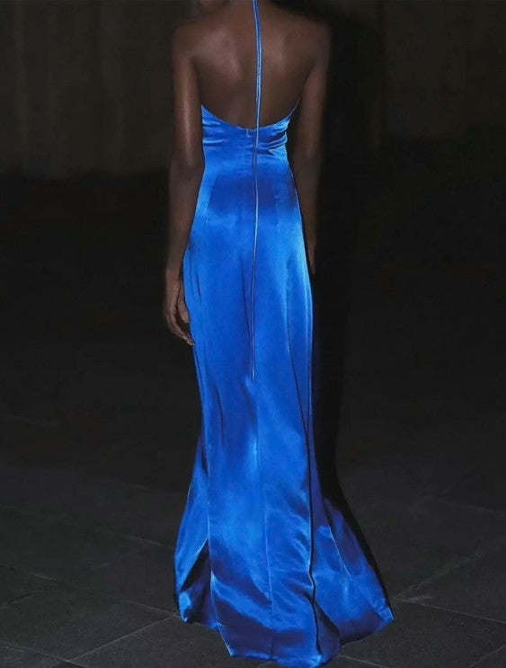 Elegant Royal Blue V-neck Sheath Evening Dress Sexy Backless Satin Long Prom Dresses with Slits ED02052