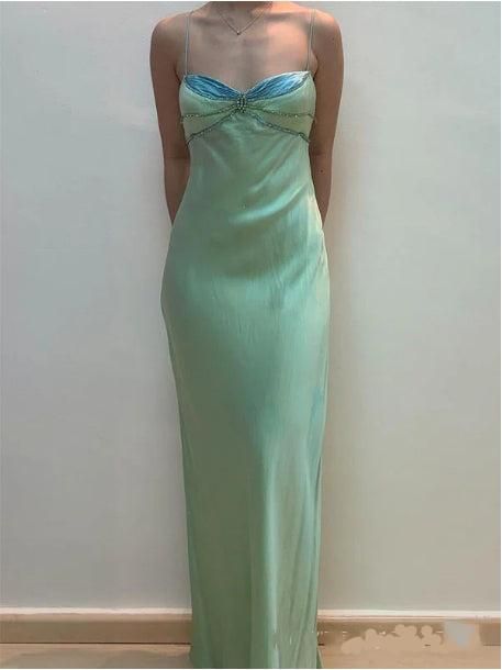 Robe de soirée fourreau en satin vert à bretelles spaghetti de style conte de fées, robe de bal gothique ED02054