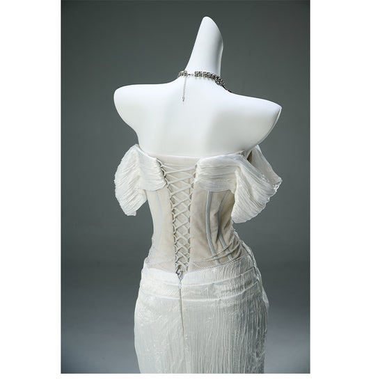 Glamouröses weißes Taft-Abendkleid im Meerjungfrau-Stil mit Perlenbesatz, langes Ballkleid ED02058