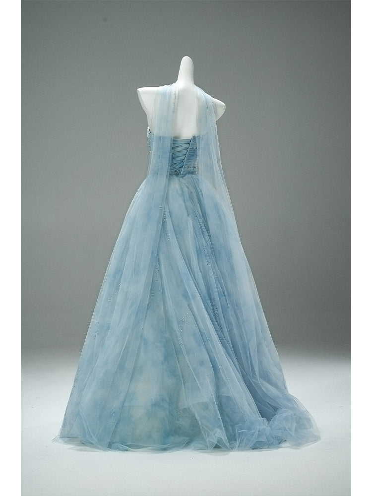Superbe robe de soirée trapèze bleue bustier en tulle, longue robe de bal perlée scintillante ED02059