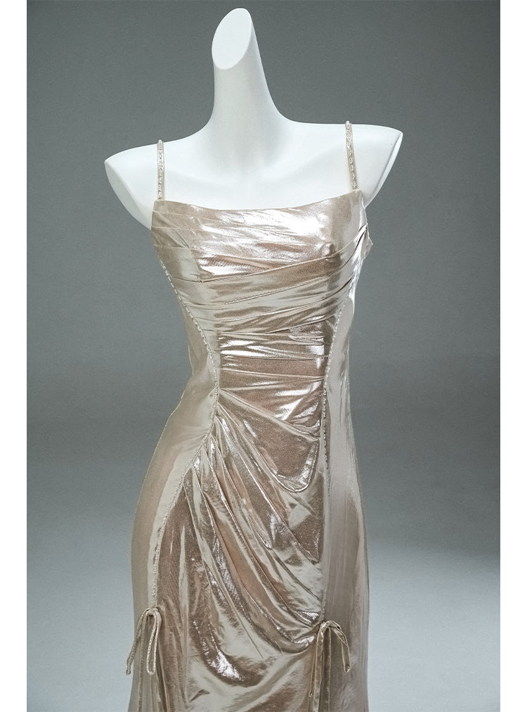 Einzigartiges Champagner Spaghettiträger Meerjungfrau Glänzendes Langes Abendkleid Elegantes Ballkleid ED02062