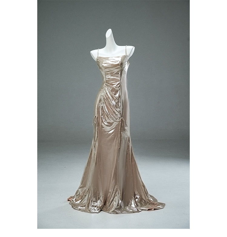 Einzigartiges Champagner Spaghettiträger Meerjungfrau Glänzendes Langes Abendkleid Elegantes Ballkleid ED02062