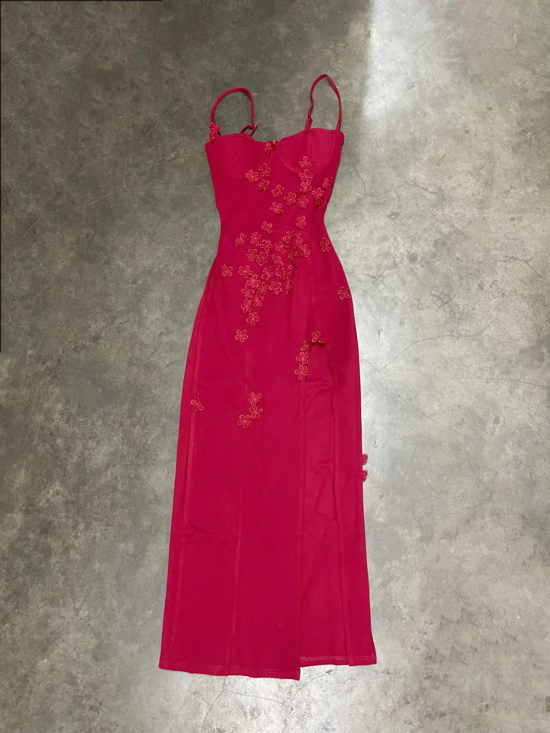 Elegant Red Spaghetti Strap Satin Bodycon Long Prom Dresses Evening Dresses with Slit ED02077