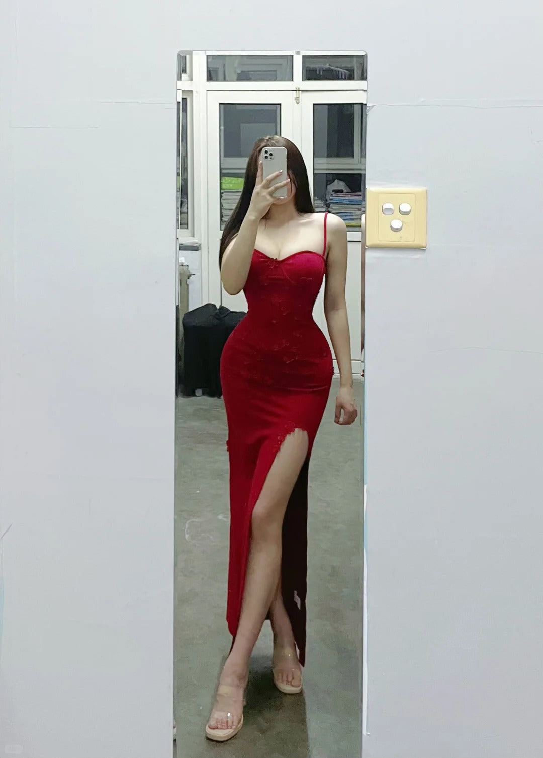 Elegant Red Spaghetti Strap Satin Bodycon Long Prom Dresses Evening Dresses with Slit ED02077