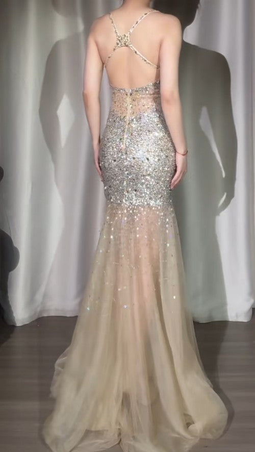 Sexy Spaghettiträger Glitzer Pailletten Meerjungfrau Elegantes Abendkleid Tüll V-Ausschnitt Rückenfrei Lange Ballkleider ED02079