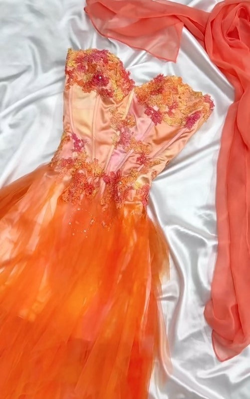 Vintage Orange Strapless Short Sweetheart Neck Tulle A-Line Short Prom Evening Dress Homecoming Dress ED02080