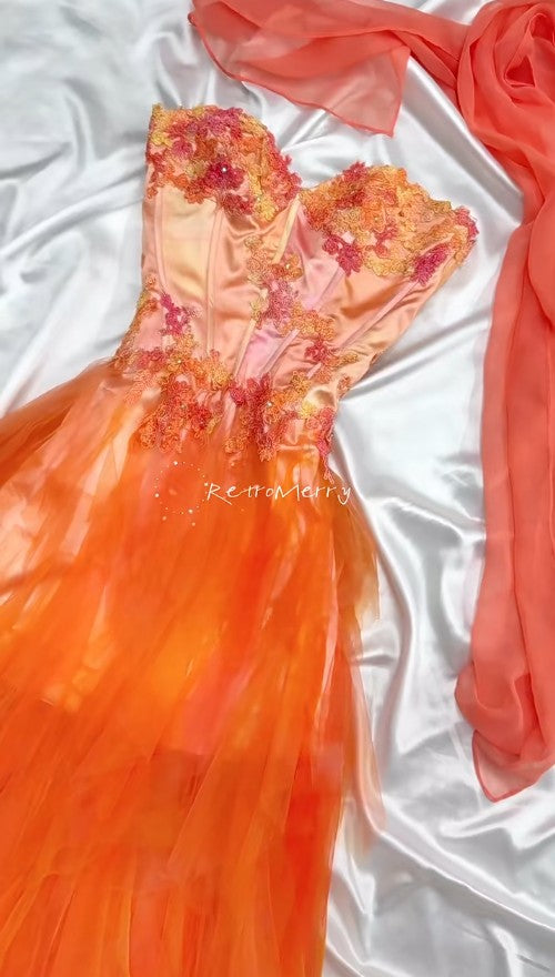 Vintage Orange Strapless Short Sweetheart Neck Tulle A-Line Short Prom Evening Dress Homecoming Dress ED02080