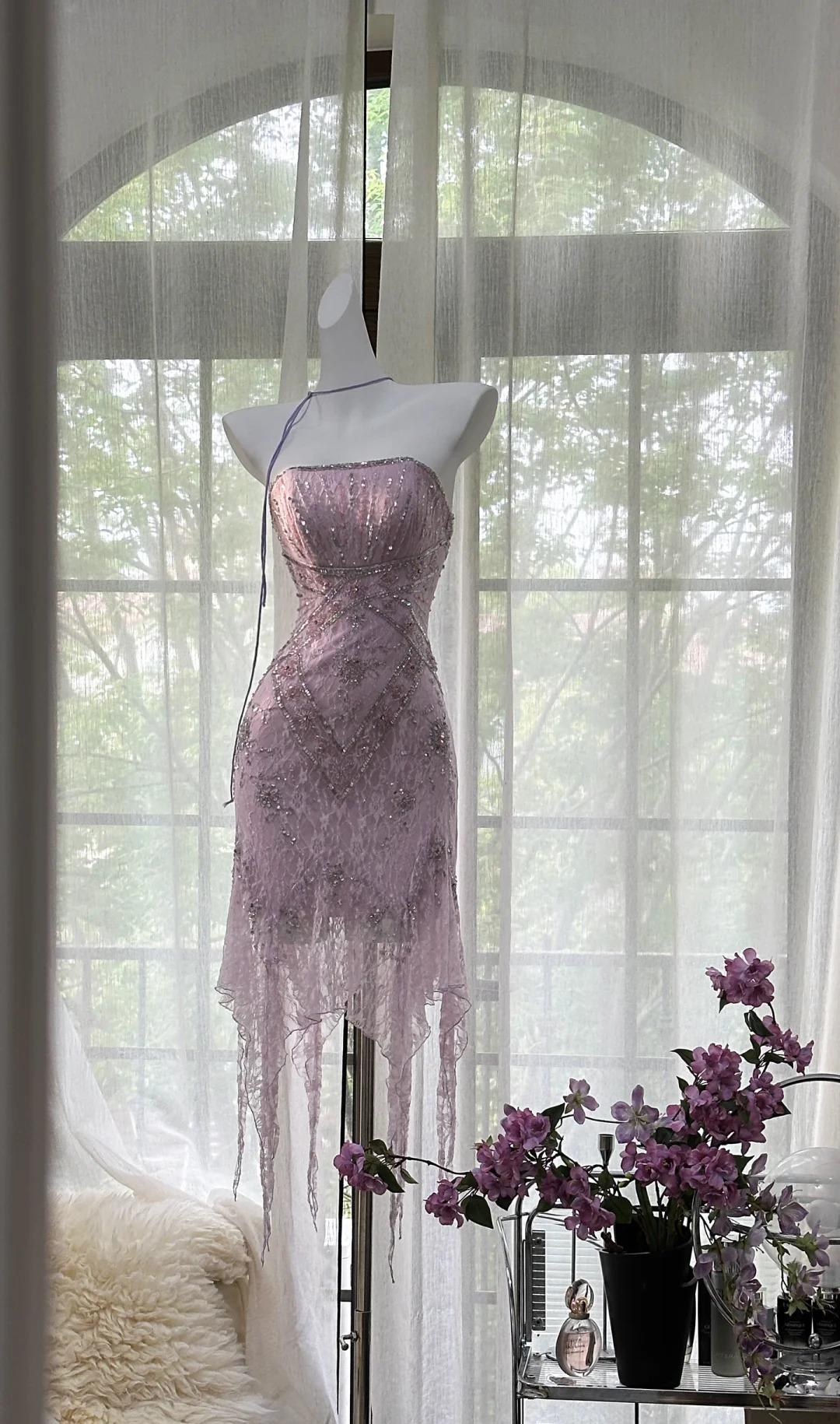 Vintage Lavender Chiffon Short Evening Dresses for Party Glitter Beaded Backless Homecoming Dress ED02089