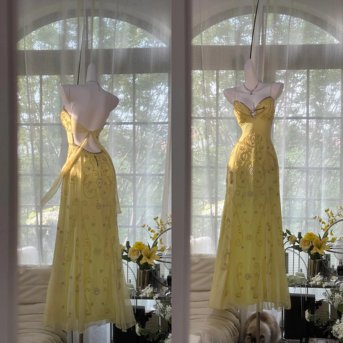 Gorgeous Butter Yellow Spaghetti Straps A-line Tulle Beaded Long Prom Dresses Backless Evening GownsED02094