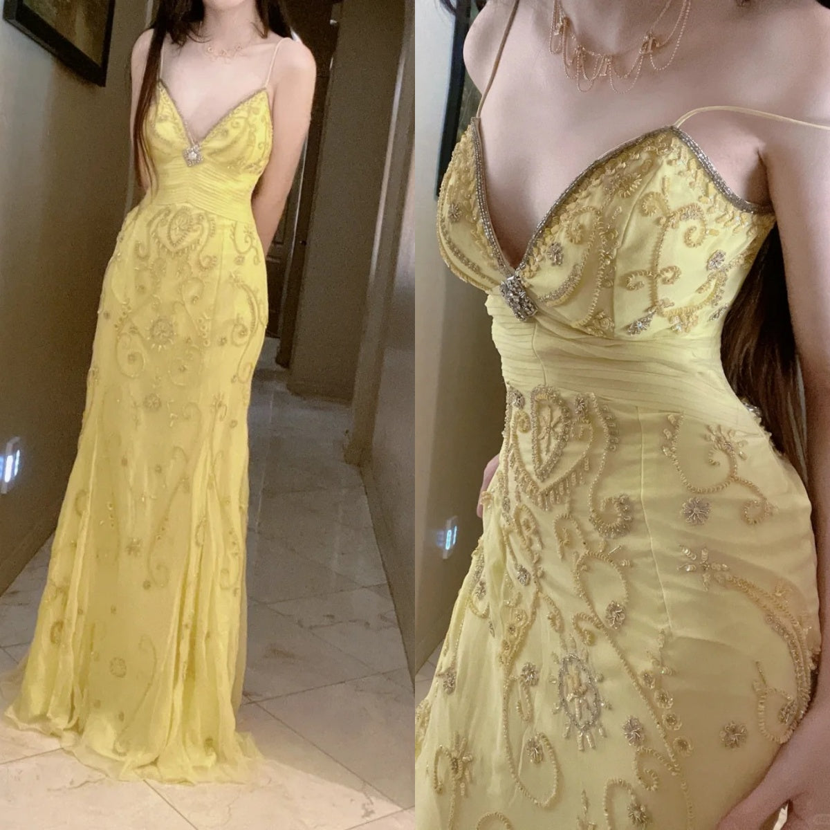 Gorgeous Butter Yellow Spaghetti Straps A-line Tulle Beaded Long Prom Dresses Backless Evening GownsED02094