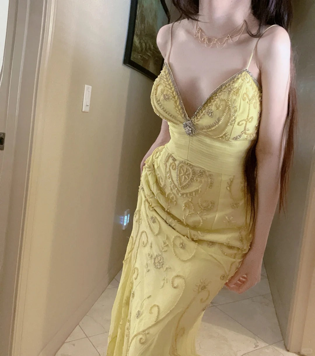 Gorgeous Lilac Spaghetti Straps A-line Tulle Beaded Long Prom Dresses Backless Evening Gowns EP02094