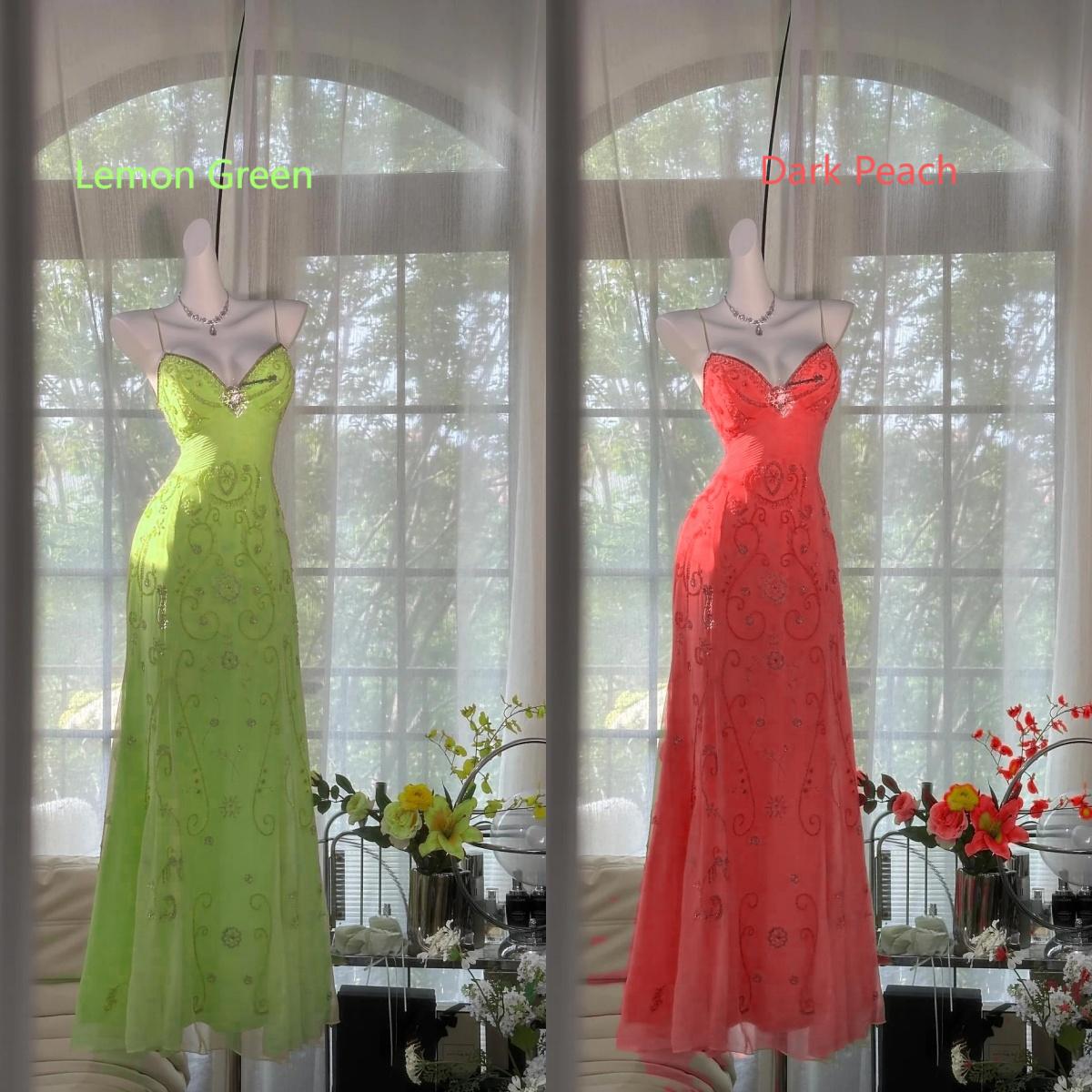 Gorgeous Yellow Spaghetti Strap A-line Tulle Beaded Long Prom Dresses Backless Evening Dress