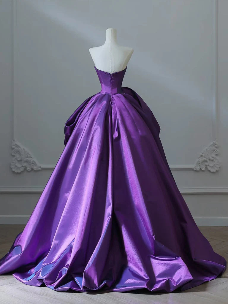 A-Line Satin Purple Long Prom Dress💜 Sweetheart Evening Gown for Special Ocassion