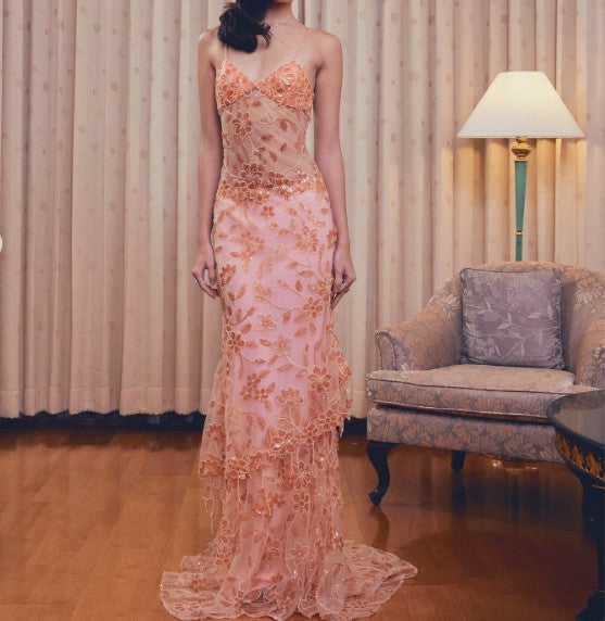 Superbe robe de bal longue en tulle, à bretelles spaghetti et dentelle perlée, charmante robe de soirée ED02106