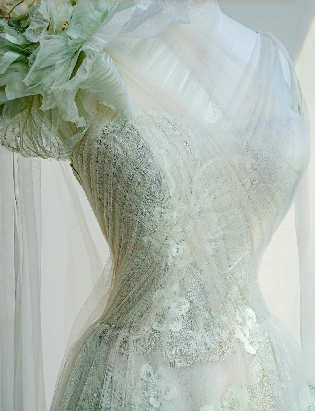 Fairytale Light Green One Shoulder A-Line Tulle Applique Wedding Dress Formal Evening DressED02109