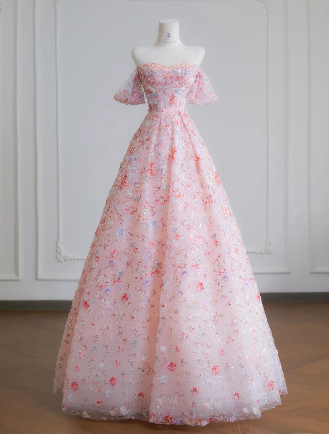 Gorgeous Pink Off-the-shoulder A-Line Tulle Sequin Applique Wedding Dress Sweet 16 Dresses ED02110