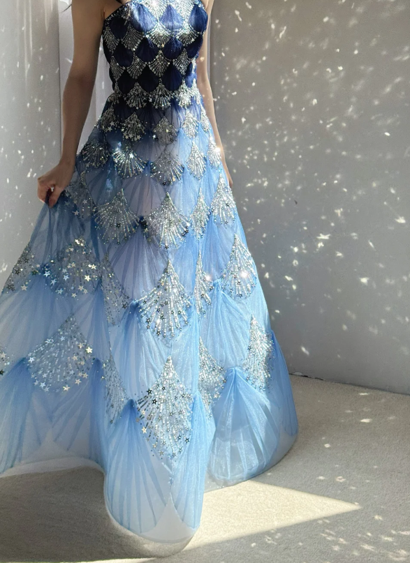 Fashionable Ocean Blue Halter A-Line Tulle Sequin Wedding Dress Long Prom Dress ED02111