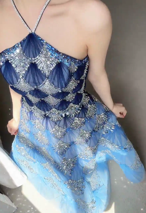 Fashionable Ocean Blue Halter A-Line Tulle Sequin Wedding Dress Long Prom Dress ED02111
