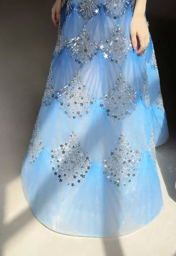 Fashionable Ocean Blue Halter A-Line Tulle Sequin Wedding Dress Long Prom Dress ED02111