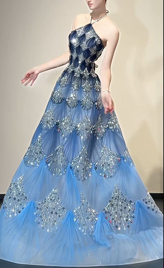 Fashionable Ocean Blue Halter A-Line Tulle Sequin Wedding Dress Long Prom Dress ED02111