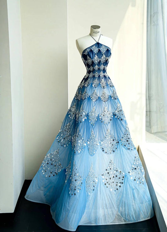 Robe de mariée longue en tulle et sequins, coupe trapèze, bleu océan, à la mode, ED02111