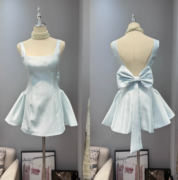Robe d'anniversaire courte à col carré et dos nu avec nœud, robe de bal élégante et élégante, ED02115