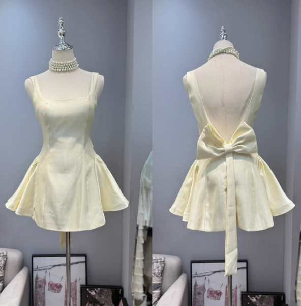 Robe d'anniversaire courte à col carré et dos nu avec nœud, robe de bal élégante et élégante, ED02115