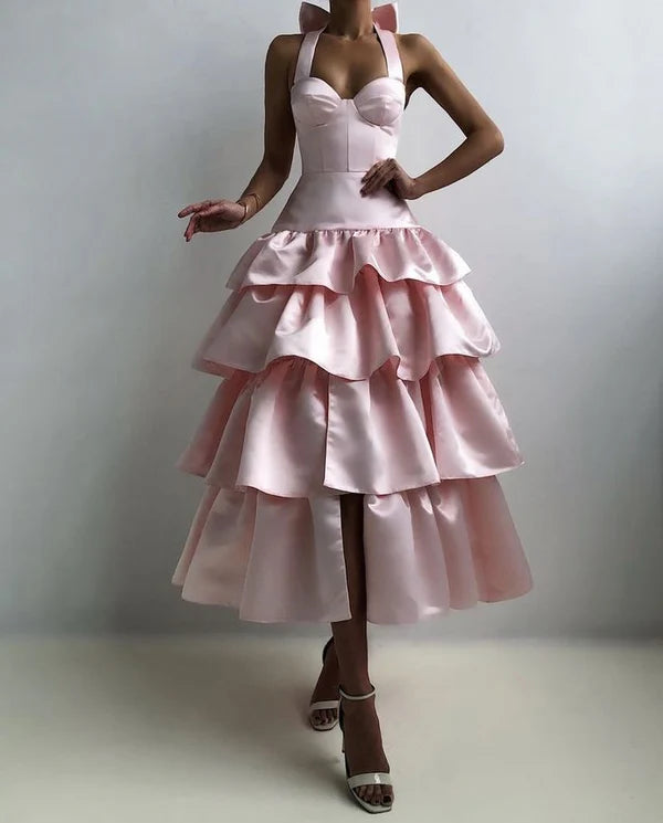 Pink A-Line Halter Prom Dress Tiered Satin Empire-Waist Sleeveless Party Dress 22nd Birthday Dress with Bow ED02118