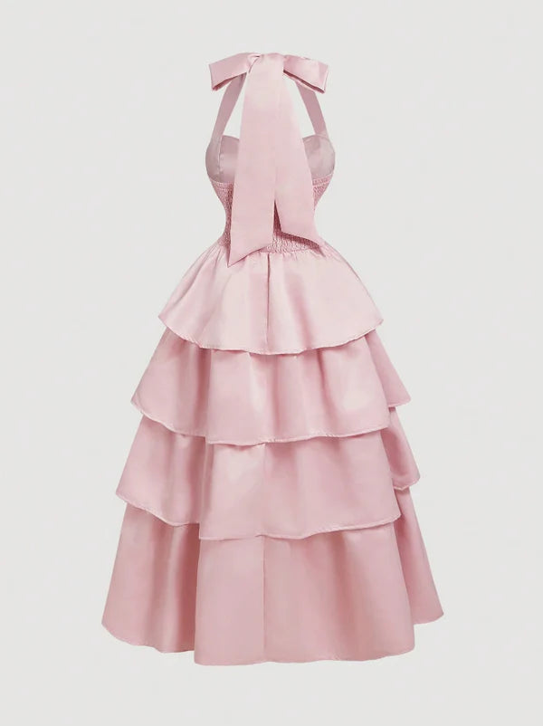 Pink A-Line Halter Prom Dress Tiered Satin Empire-Waist Sleeveless Party Dress 22nd Birthday Dress with Bow ED02118