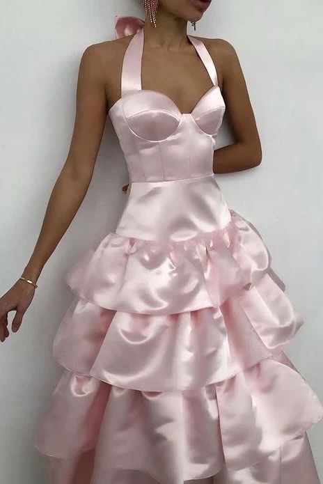 Pink A-Line Halter Prom Dress Tiered Satin Empire-Waist Sleeveless Party Dress 22nd Birthday Dress with Bow ED02118