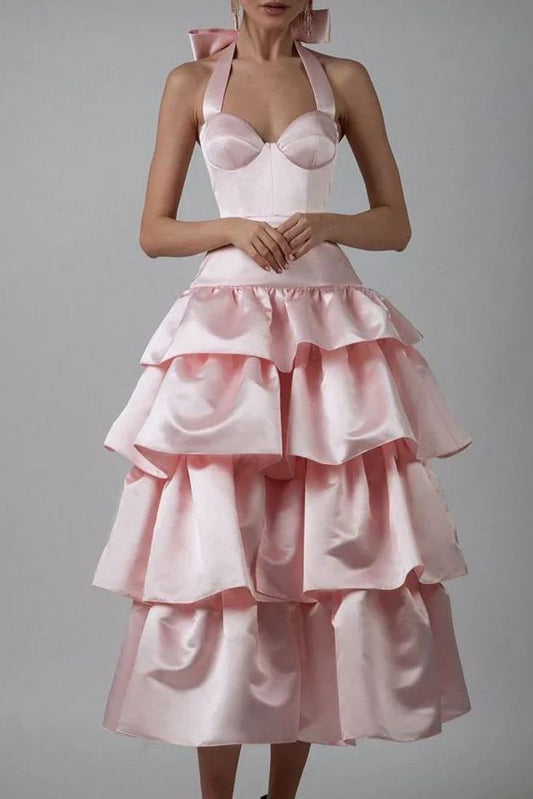 Pink A-Line Halter Prom Dress Tiered Satin Empire-Waist Sleeveless Party Dress 22nd Birthday Dress with Bow  ED02118