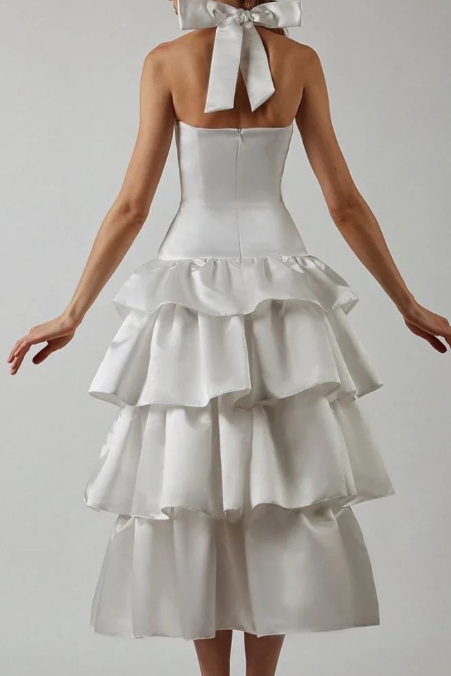 Pink A-Line Halter Prom Dress Tiered Satin Empire-Waist Sleeveless Party Dress 22nd Birthday Dress with Bow ED02118